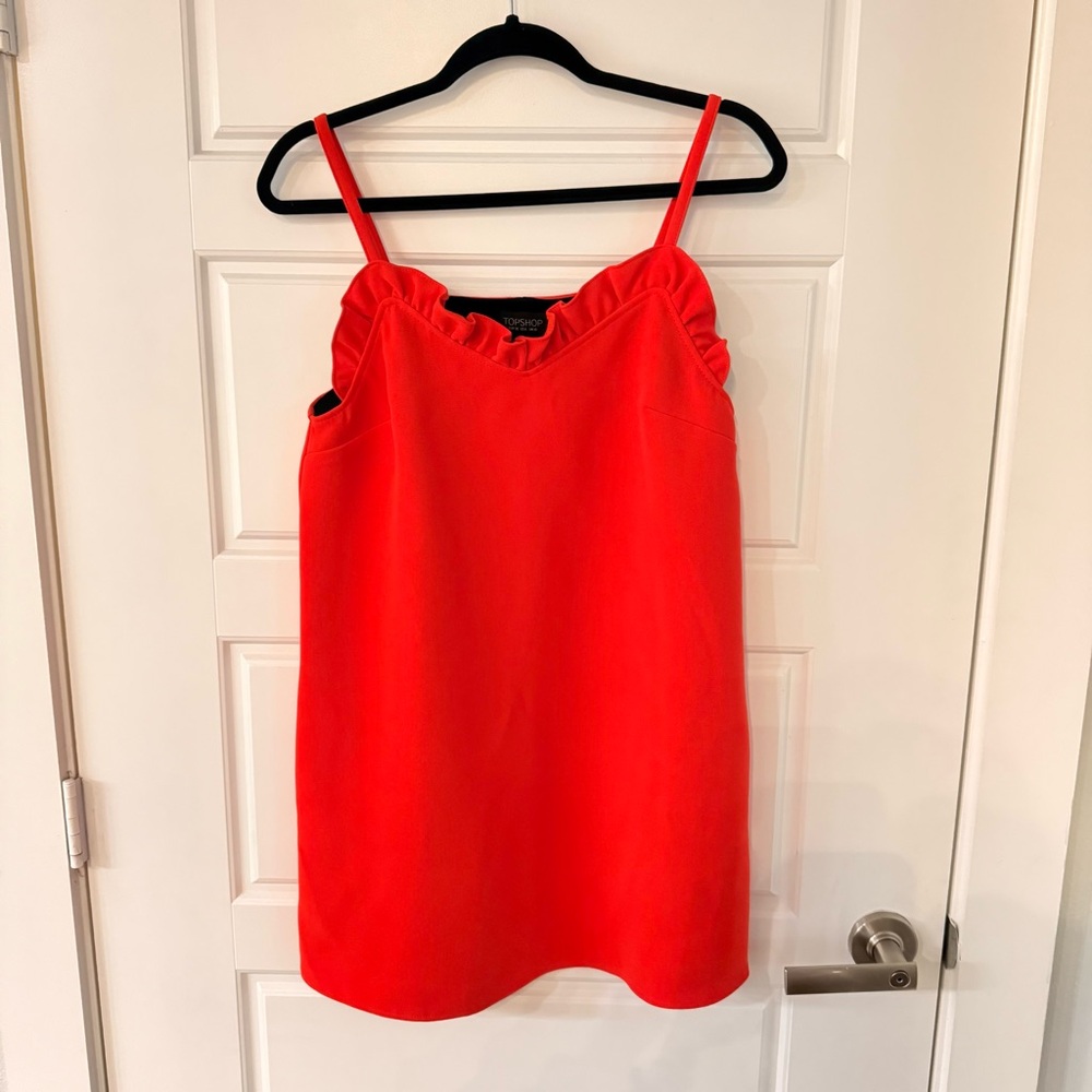 TopShop Red Orange Mini Short dress with ruffle detail and pockets size 6